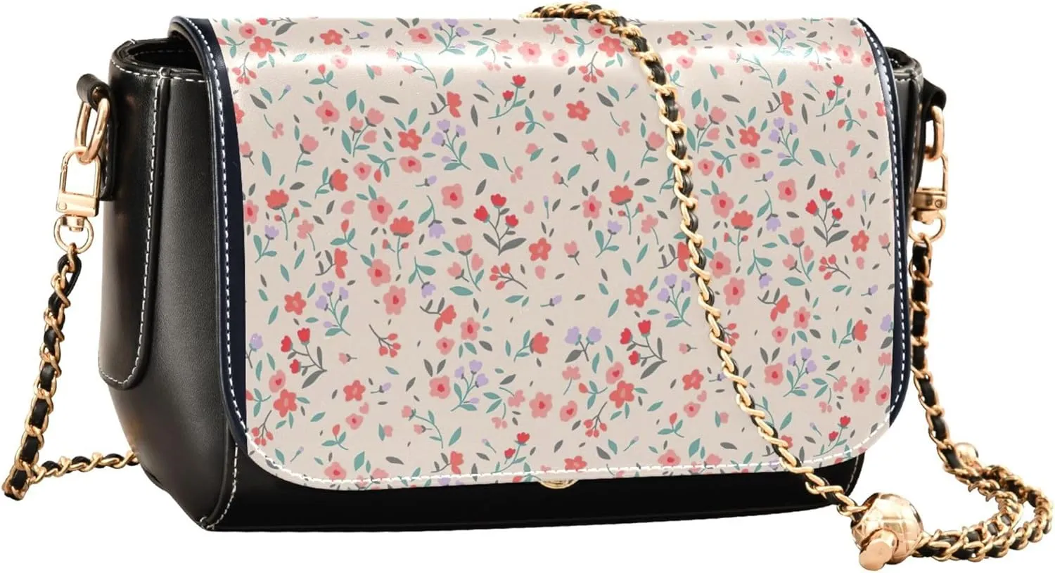 Colorful Flower Vivid Print Crossbody Purses for Women Black Shoulder Leather Bags Wallet Handbags with Chain Strap