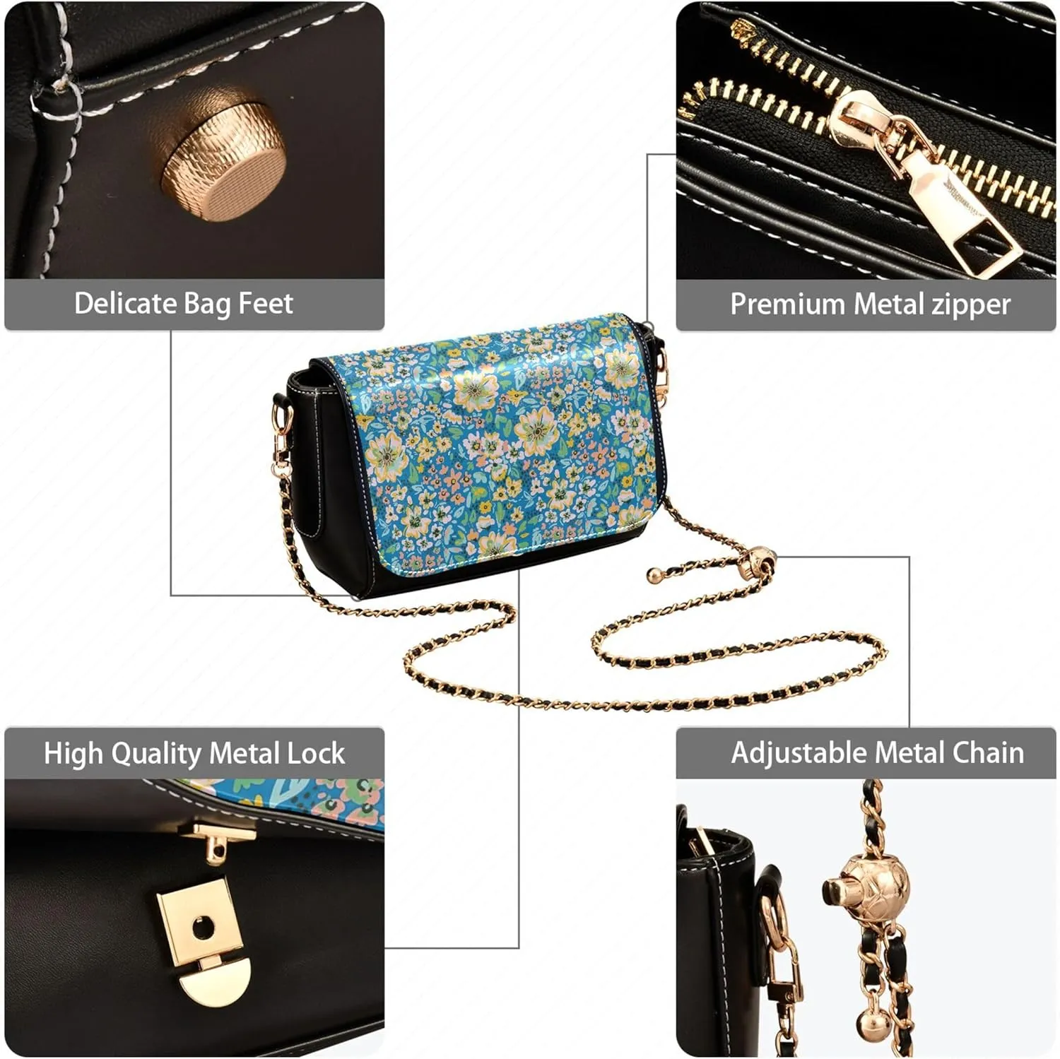 Colorful Flower Vivid Print Crossbody Purses for Women Black Shoulder Leather Bags Wallet Handbags with Chain Strap