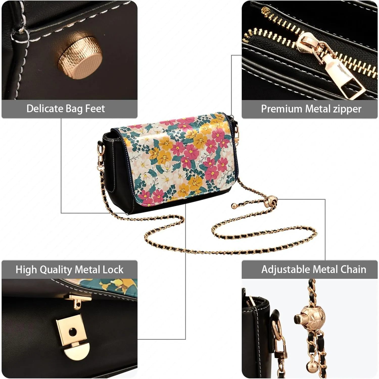 Colorful Flower Vivid Print Crossbody Purses for Women Black Shoulder Leather Bags Wallet Handbags with Chain Strap