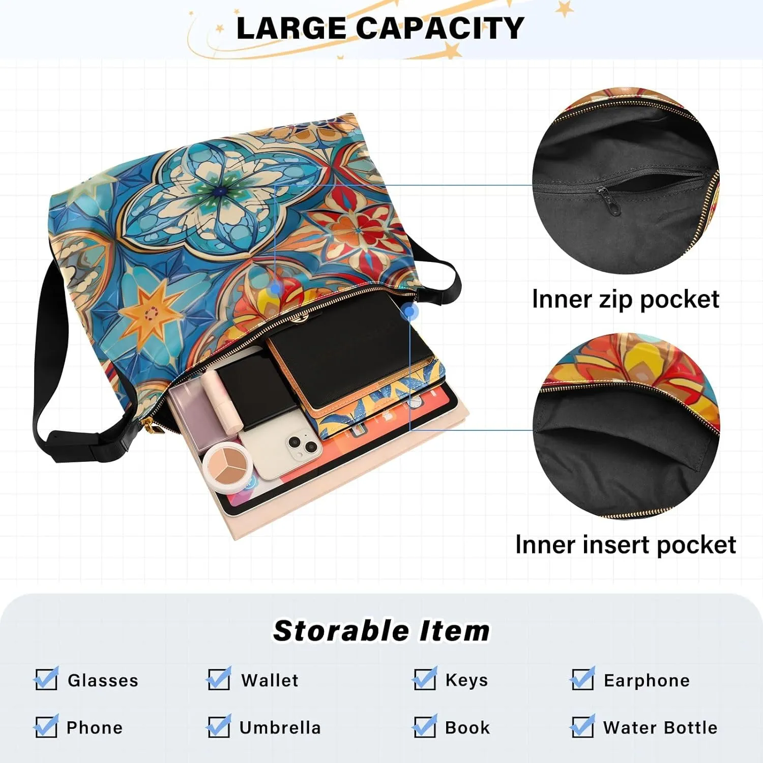 Colorful Geometric Ornament with Stylized Vegan Crossbody Bag, Cross Body Shoulder Bag, Woman Large Cross Body Bag