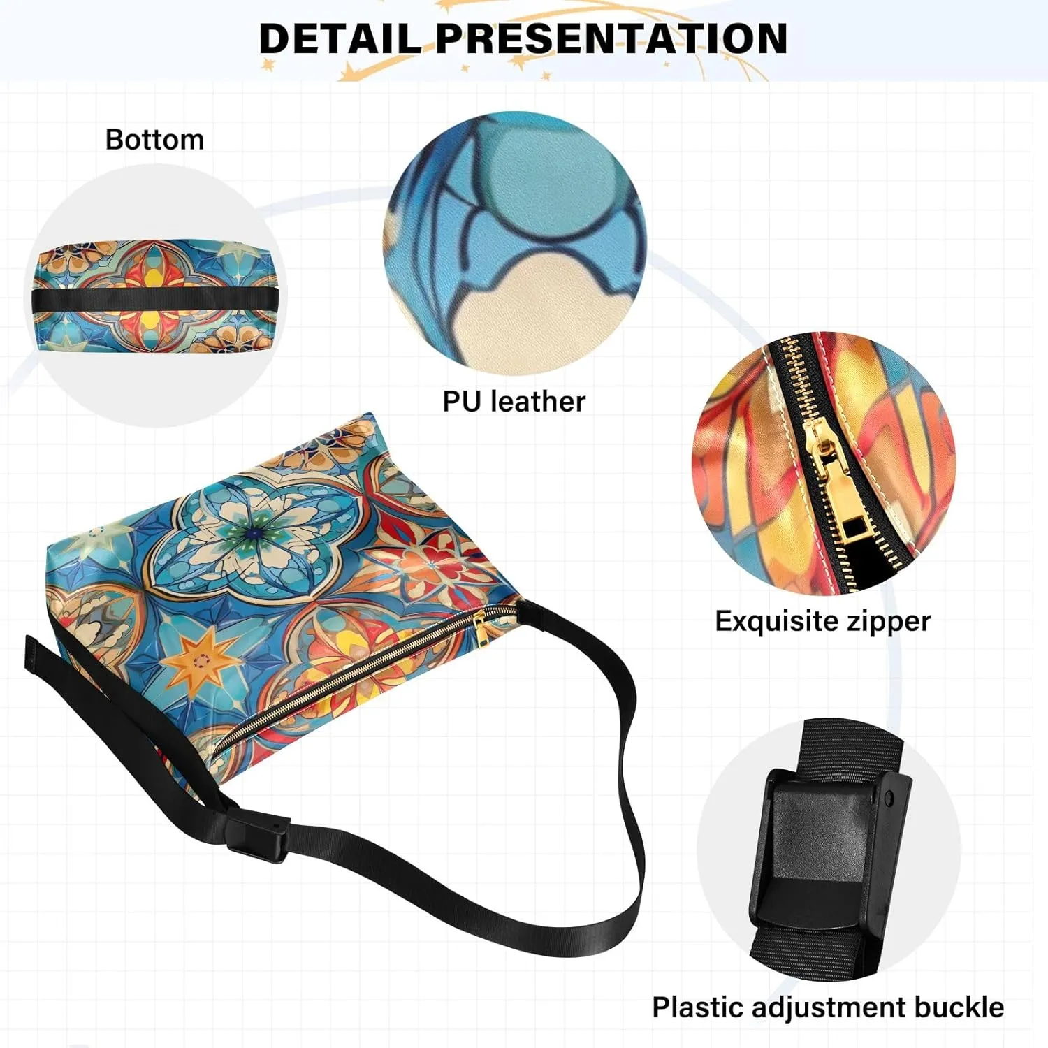 Colorful Geometric Ornament with Stylized Vegan Crossbody Bag, Cross Body Shoulder Bag, Woman Large Cross Body Bag