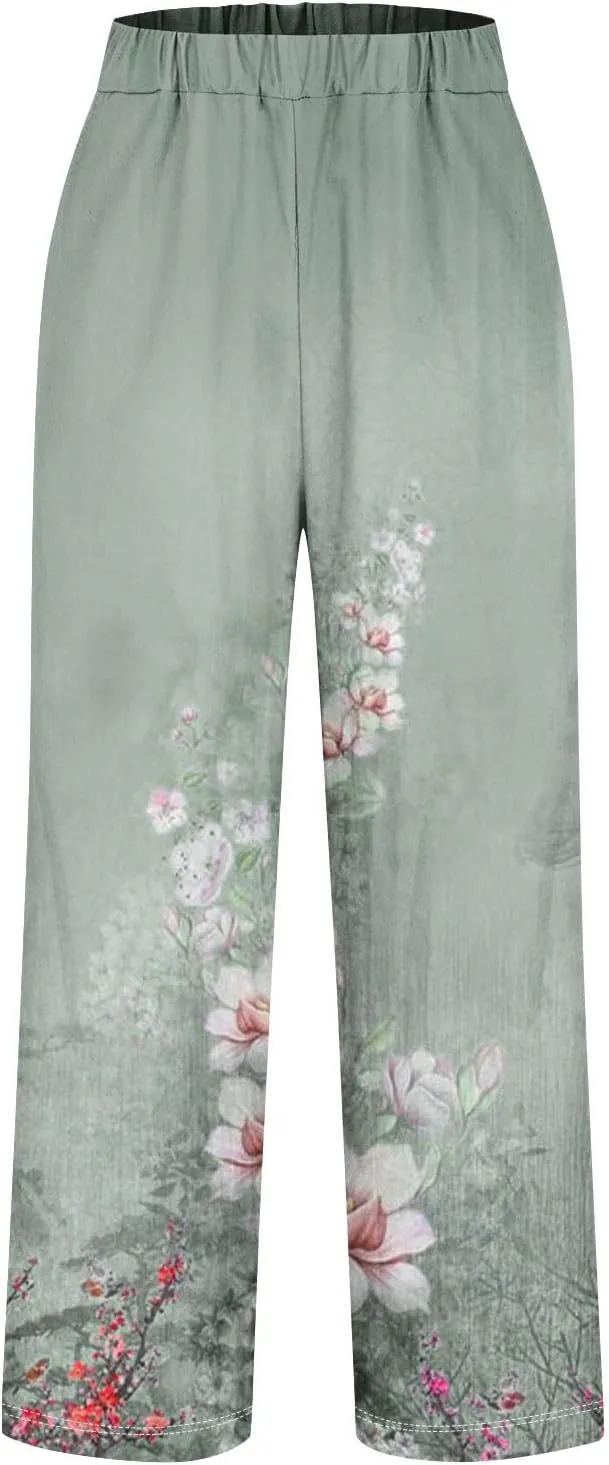 Cotton Linen Pants Women Summer Casual Floral Print Boho Beach Capris Bottoms Lightweight Wide Leg High Waisted Slacks