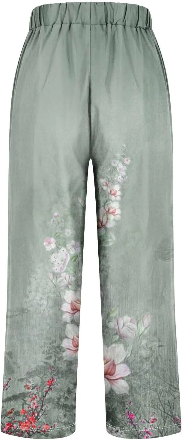 Cotton Linen Pants Women Summer Casual Floral Print Boho Beach Capris Bottoms Lightweight Wide Leg High Waisted Slacks