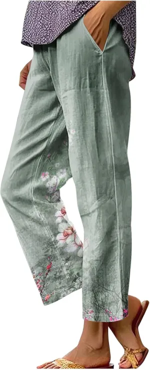 Cotton Linen Pants Women Summer Casual Floral Print Boho Beach Capris Bottoms Lightweight Wide Leg High Waisted Slacks