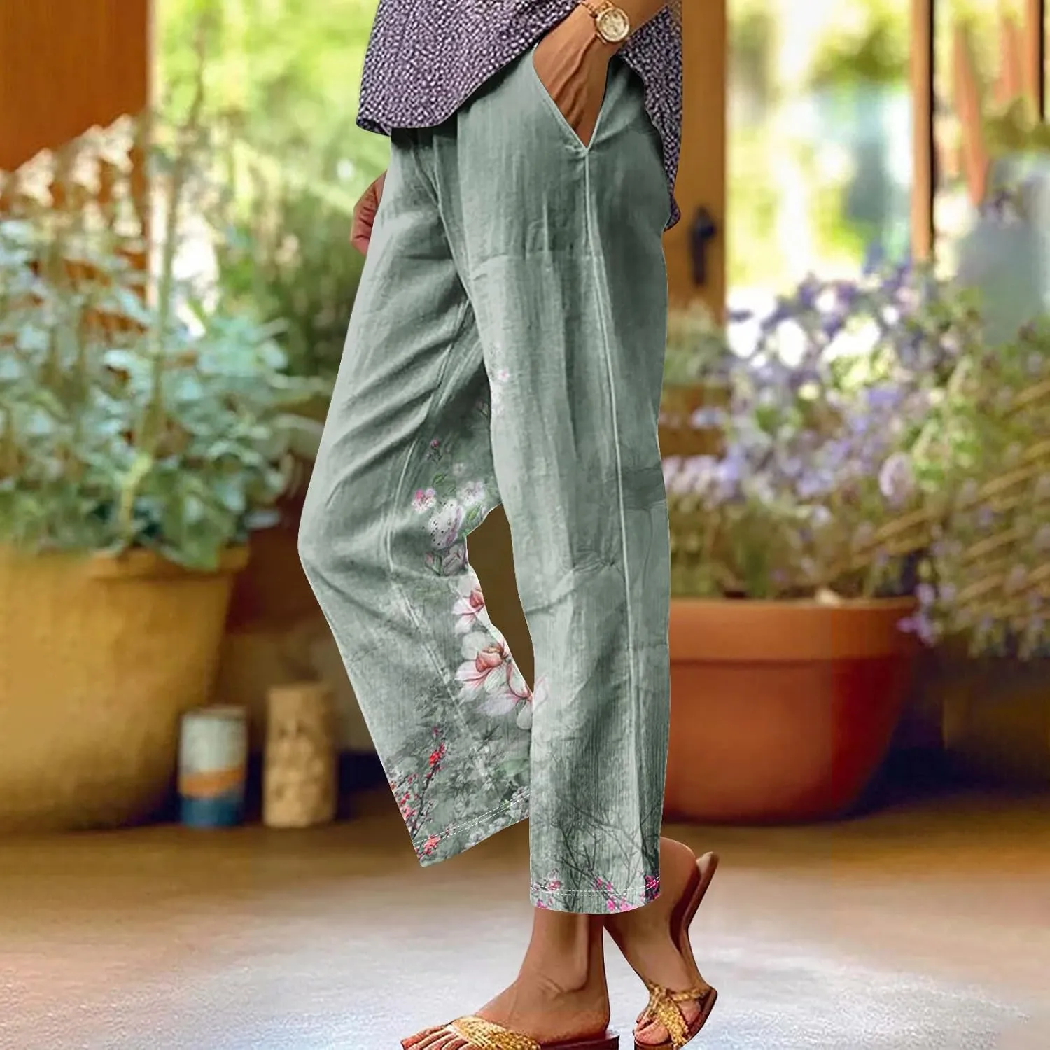 Cotton Linen Pants Women Summer Casual Floral Print Boho Beach Capris Bottoms Lightweight Wide Leg High Waisted Slacks