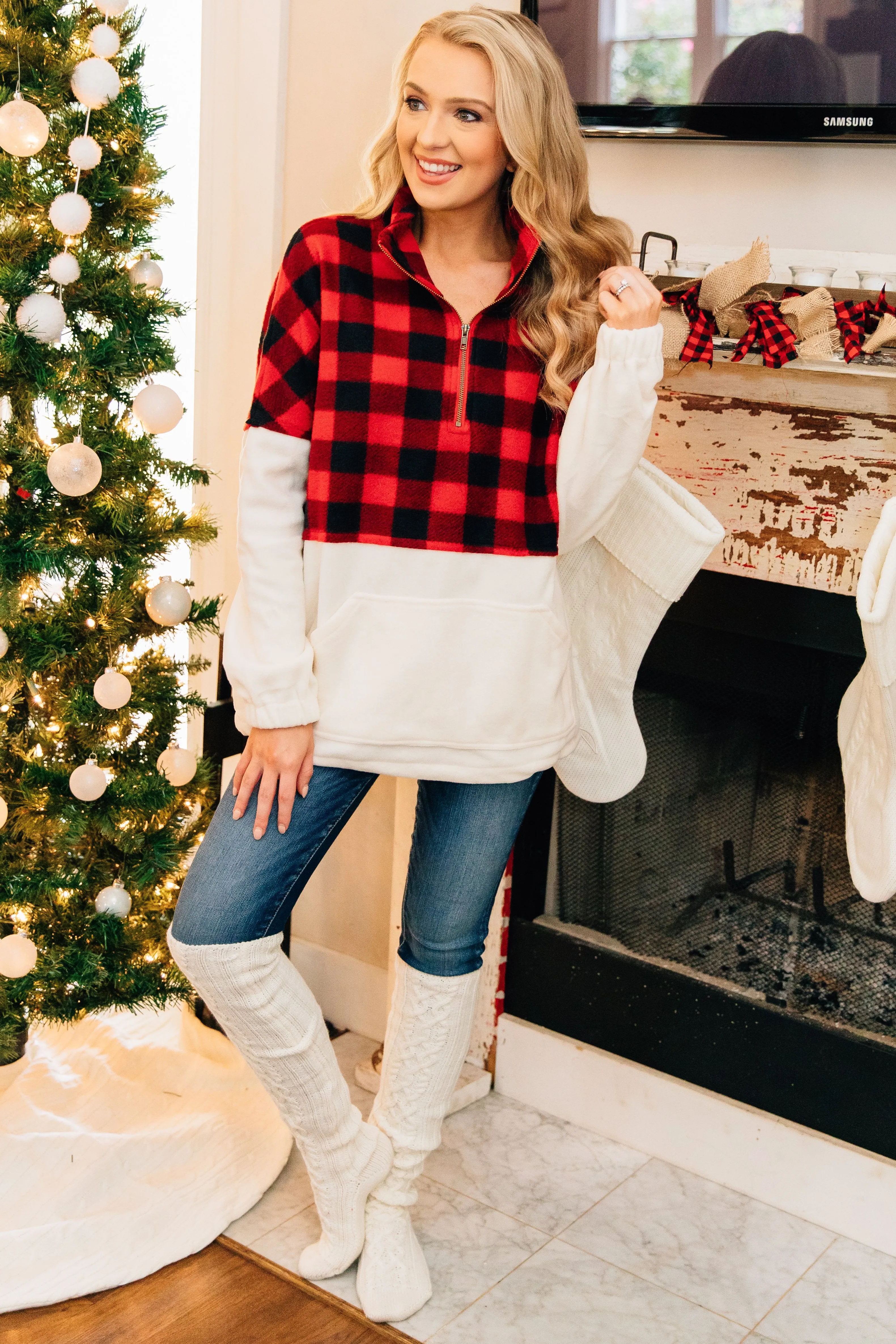 Cozy Declarations Cream And Red Buffalo Plaid Pullover
