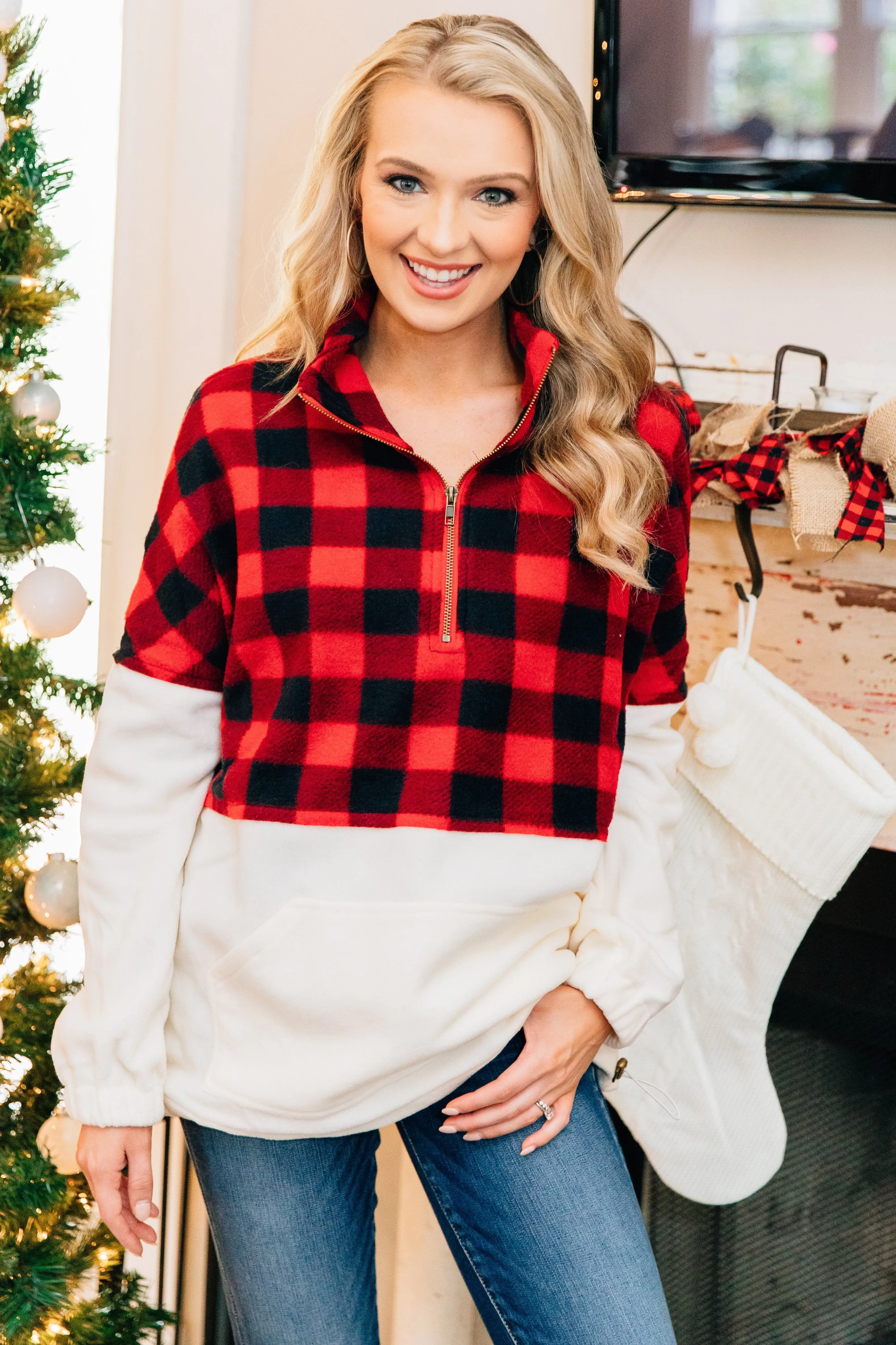 Cozy Declarations Cream And Red Buffalo Plaid Pullover