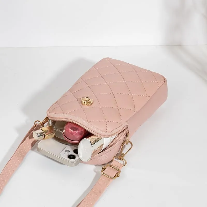 Cute Quilted Phone Crossbody Shoulder Purse with Exquisite Stitching Comfortable PU Leather Cellphone Wallet Bag