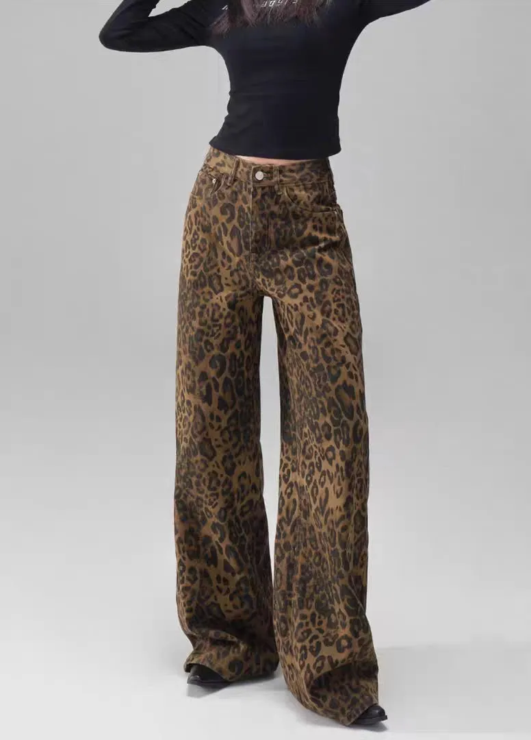 Dark Leopard Print Wide-Leg Jeans