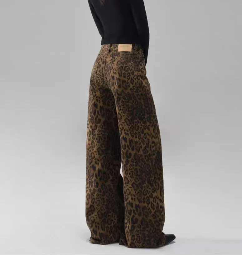 Dark Leopard Print Wide-Leg Jeans