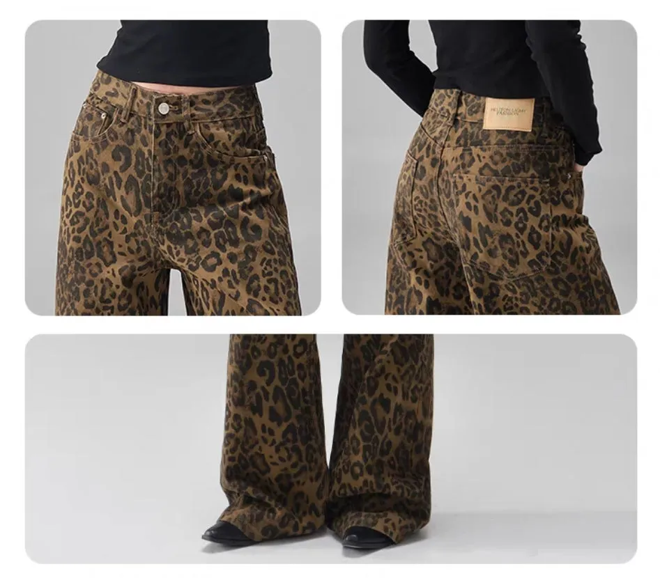 Dark Leopard Print Wide-Leg Jeans