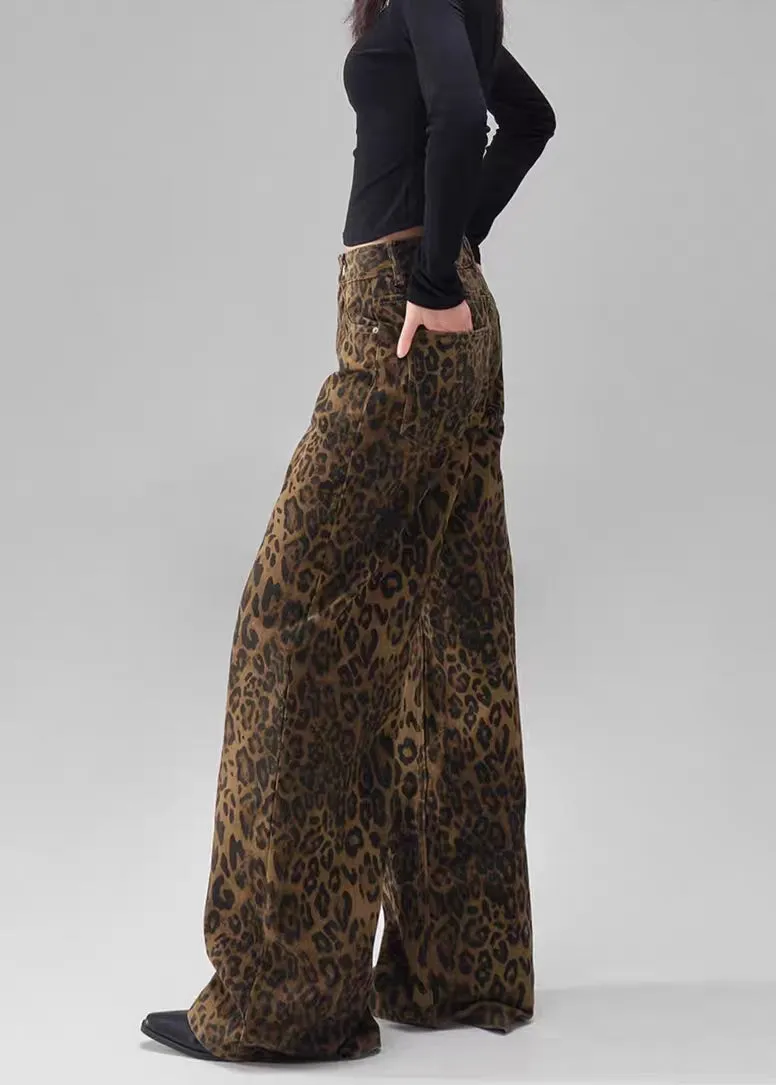 Dark Leopard Print Wide-Leg Jeans