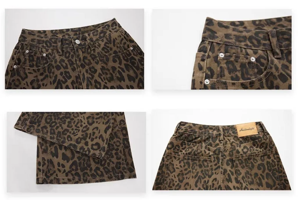 Dark Leopard Print Wide-Leg Jeans