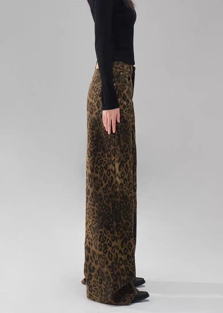 Dark Leopard Print Wide-Leg Jeans
