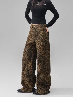 Dark Leopard Print Wide-Leg Jeans
