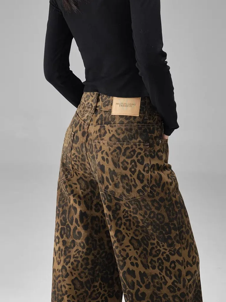 Dark Leopard Print Wide-Leg Jeans
