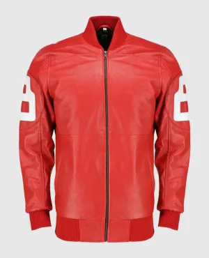 Dizller 8 Ball Pool Red Letterman Bomber Leather Jacket