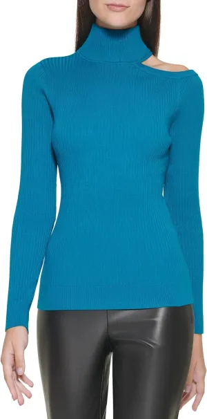 DKNY Women's Cut-Out Turtleneck Edgy Sportswear Sweater