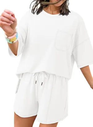Dokotoo Summer Two Piece Sets for Women Casual Short Sleeve Shirts and Drawstring Shorts Lounge Sets