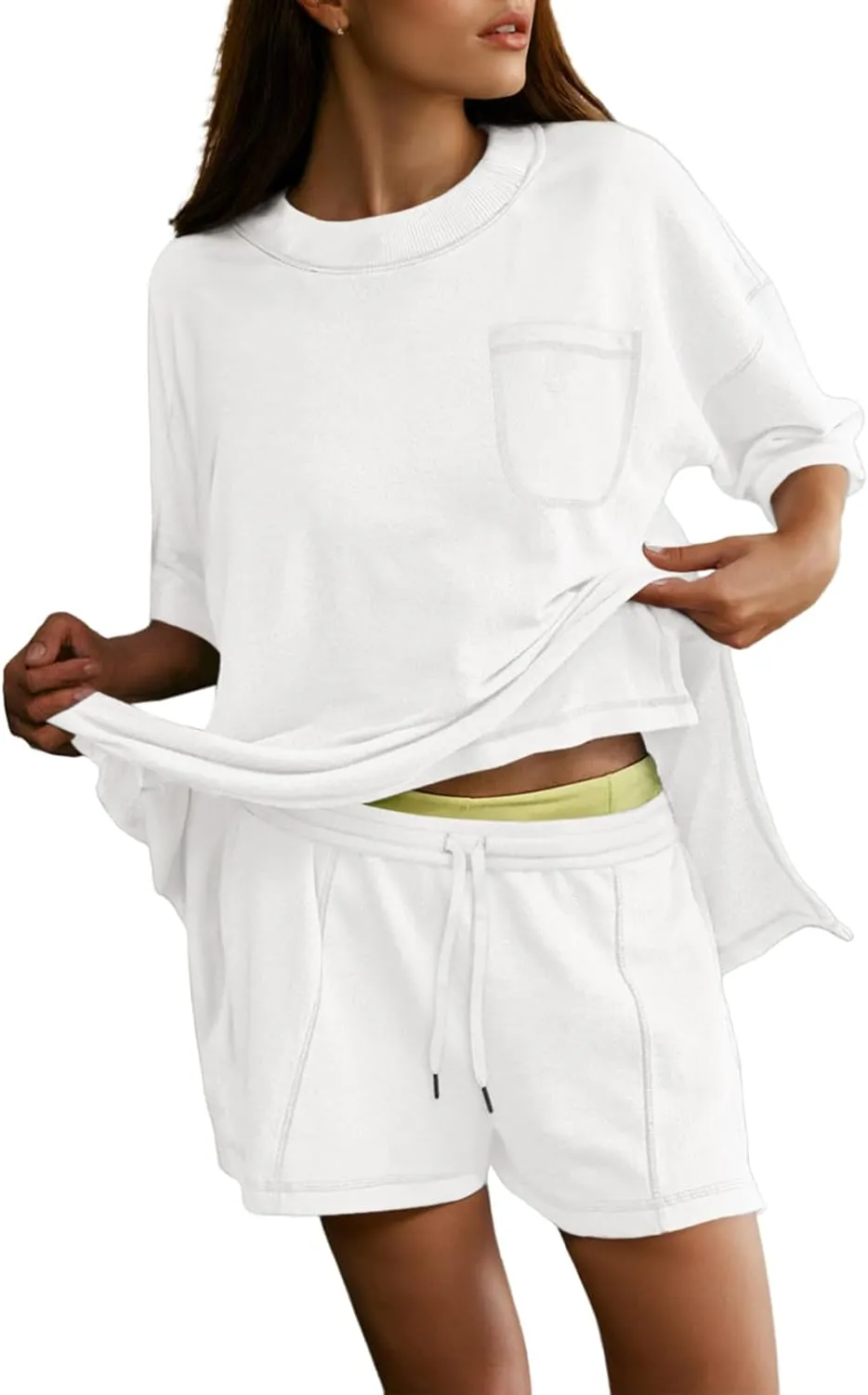 Dokotoo Summer Two Piece Sets for Women Casual Short Sleeve Shirts and Drawstring Shorts Lounge Sets