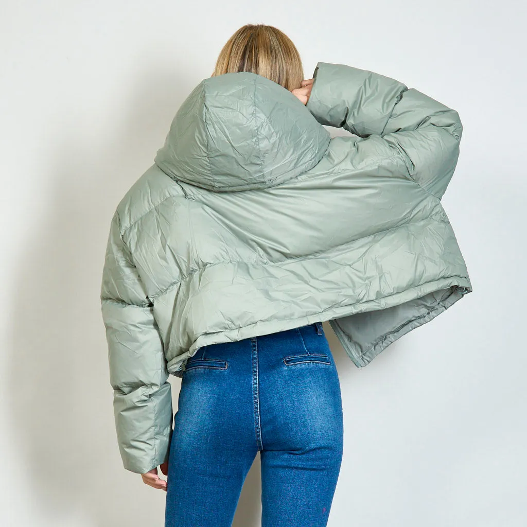 Duck down filling short puffer jacket with detachable hood wholesale