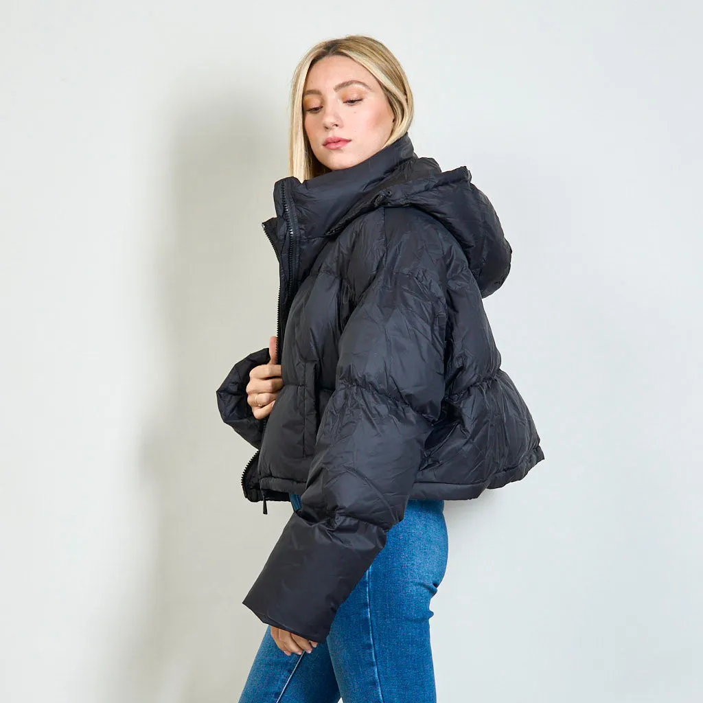 Duck down filling short puffer jacket with detachable hood wholesale