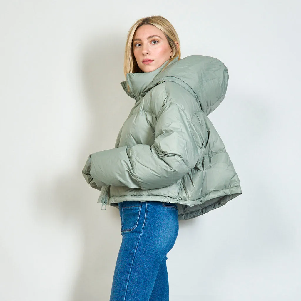 Duck down filling short puffer jacket with detachable hood wholesale