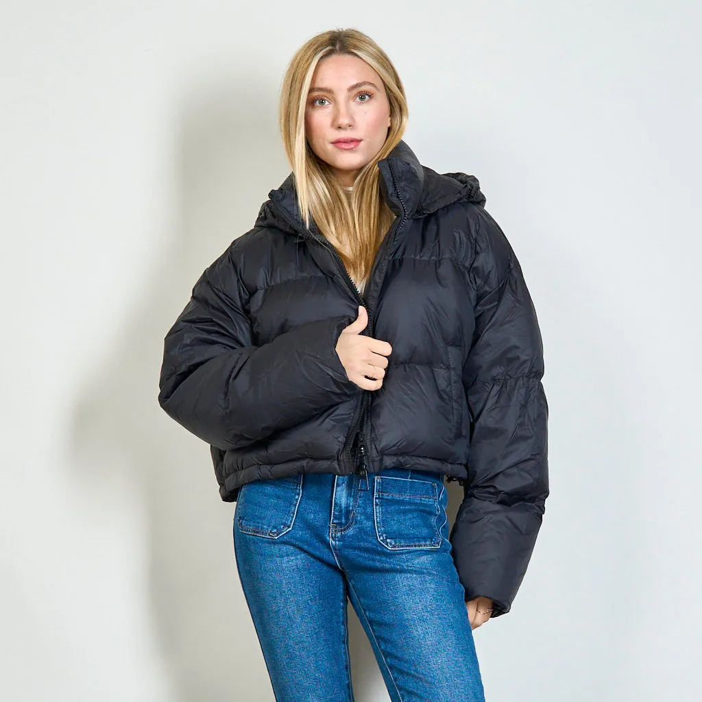 Duck down filling short puffer jacket with detachable hood wholesale