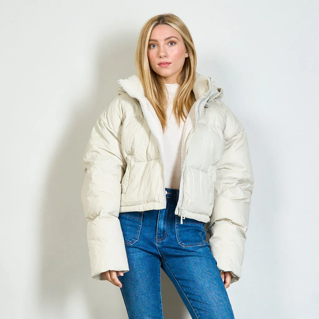 Duck down filling short puffer jacket with detachable hood wholesale