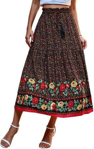 ebossy Women's Drawstring High Waist Boho Floral Ruffled Long Skirt A-line Tassel Swing Beach Party Maxi Skirt