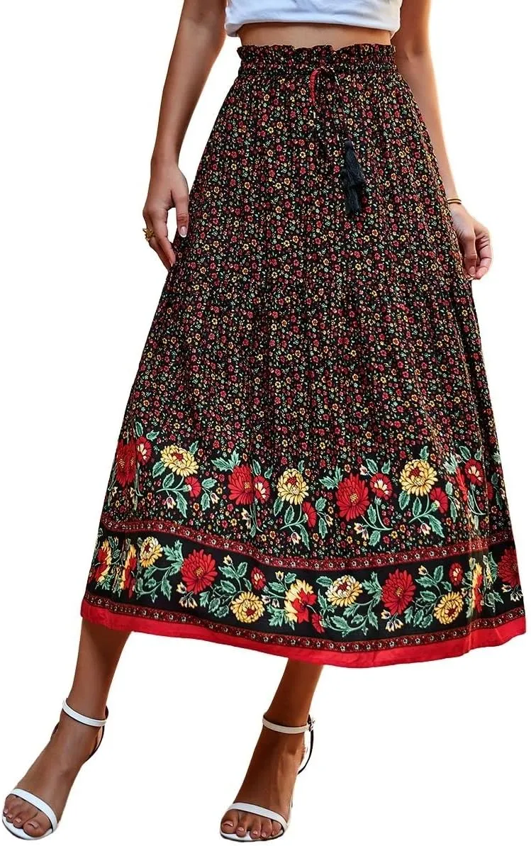 ebossy Women's Drawstring High Waist Boho Floral Ruffled Long Skirt A-line Tassel Swing Beach Party Maxi Skirt