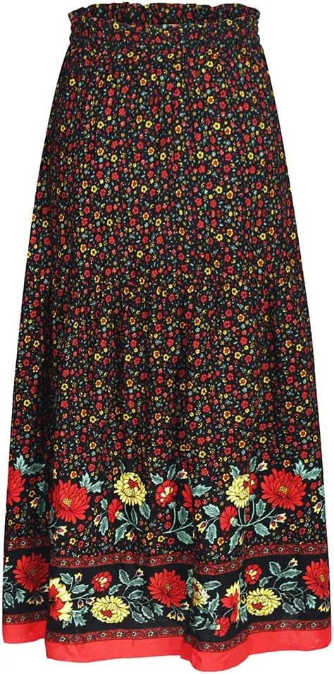 ebossy Women's Drawstring High Waist Boho Floral Ruffled Long Skirt A-line Tassel Swing Beach Party Maxi Skirt