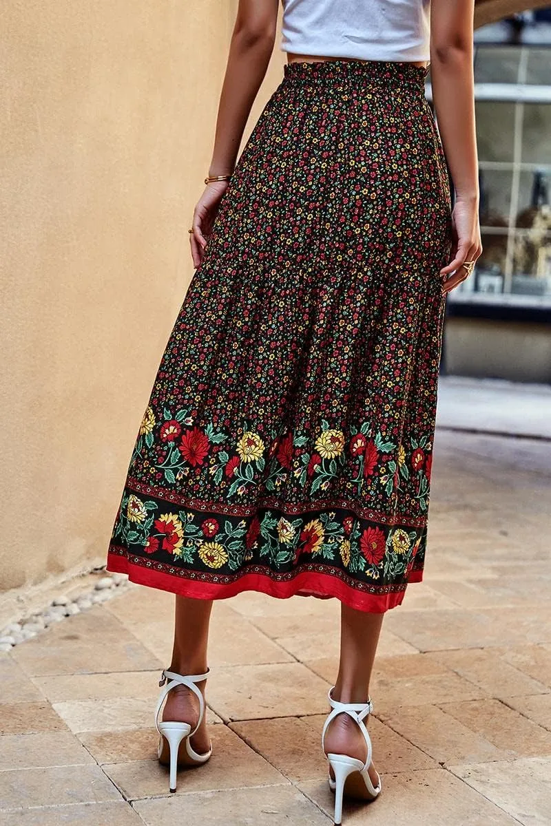 ebossy Women's Drawstring High Waist Boho Floral Ruffled Long Skirt A-line Tassel Swing Beach Party Maxi Skirt