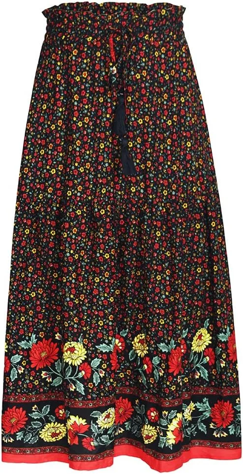 ebossy Women's Drawstring High Waist Boho Floral Ruffled Long Skirt A-line Tassel Swing Beach Party Maxi Skirt