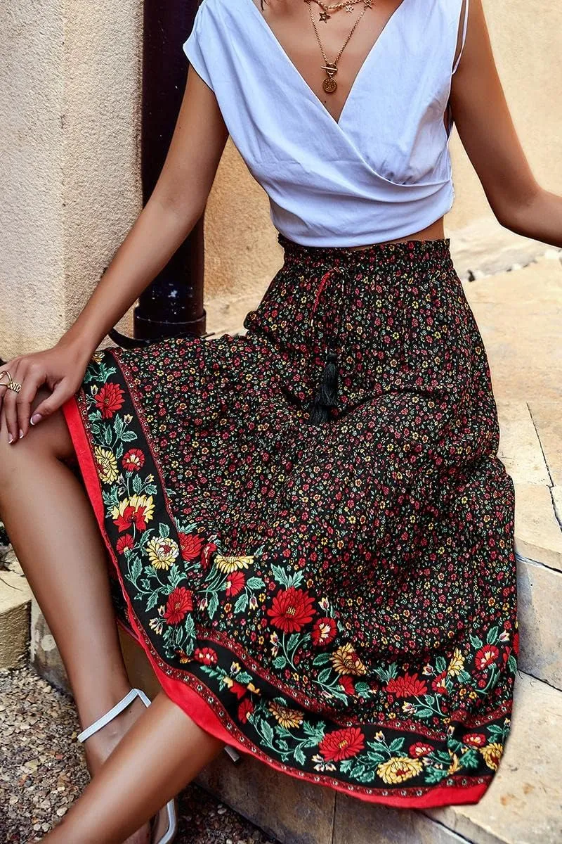 ebossy Women's Drawstring High Waist Boho Floral Ruffled Long Skirt A-line Tassel Swing Beach Party Maxi Skirt