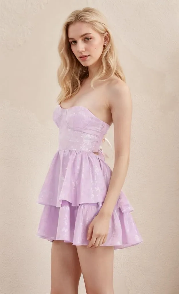 Embroidery Satin Short Homecoming Dress for Teens Straplesss Tiered Mini Prom Party Cocktial Gowns with Tie Back