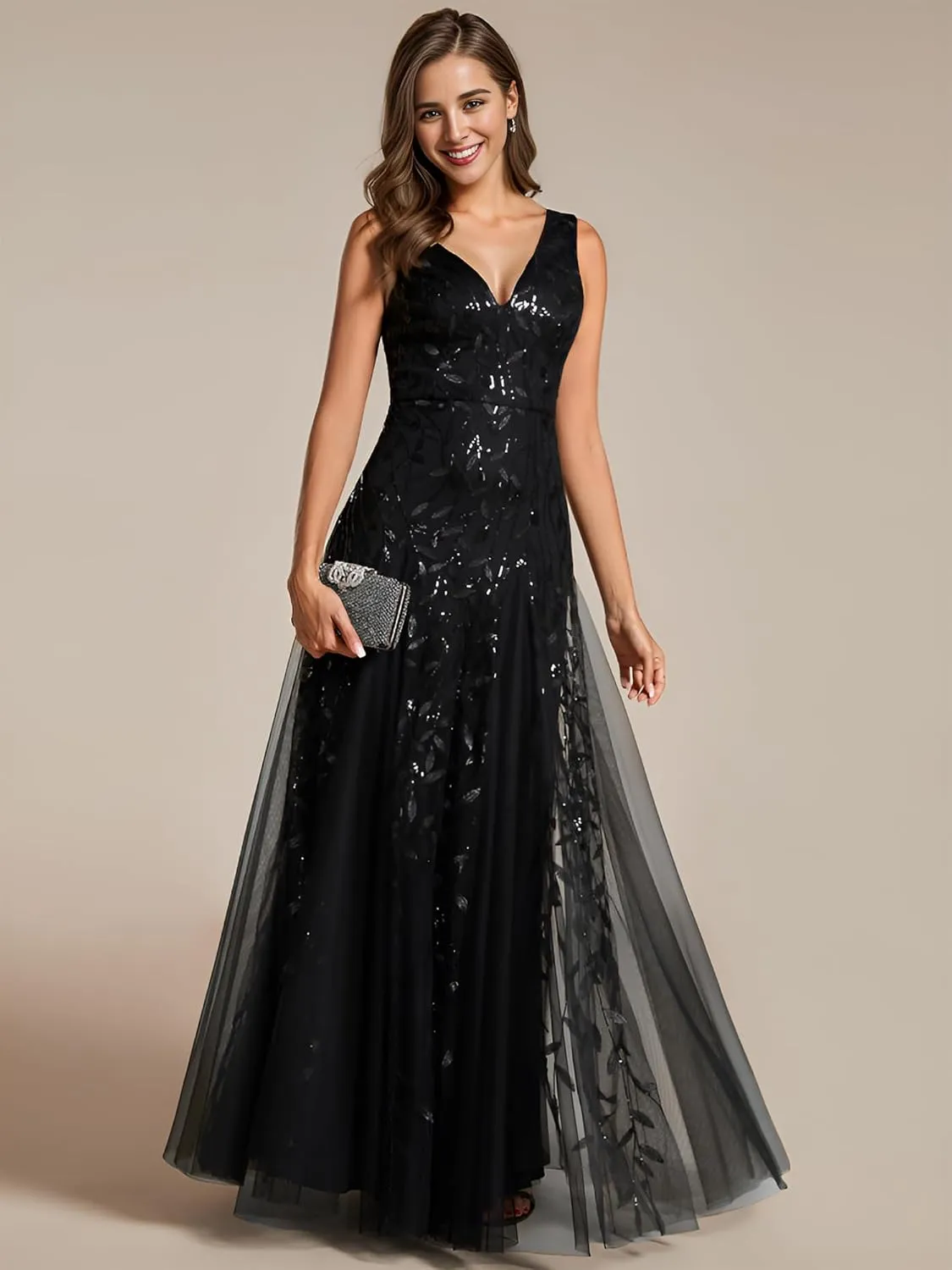 Ever-Pretty Women's Sexy Sleeveless V-Neck Evening Gowns Empire Waist Sequin Embroidery Formal Dress