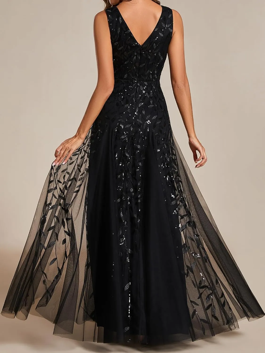 Ever-Pretty Women's Sexy Sleeveless V-Neck Evening Gowns Empire Waist Sequin Embroidery Formal Dress