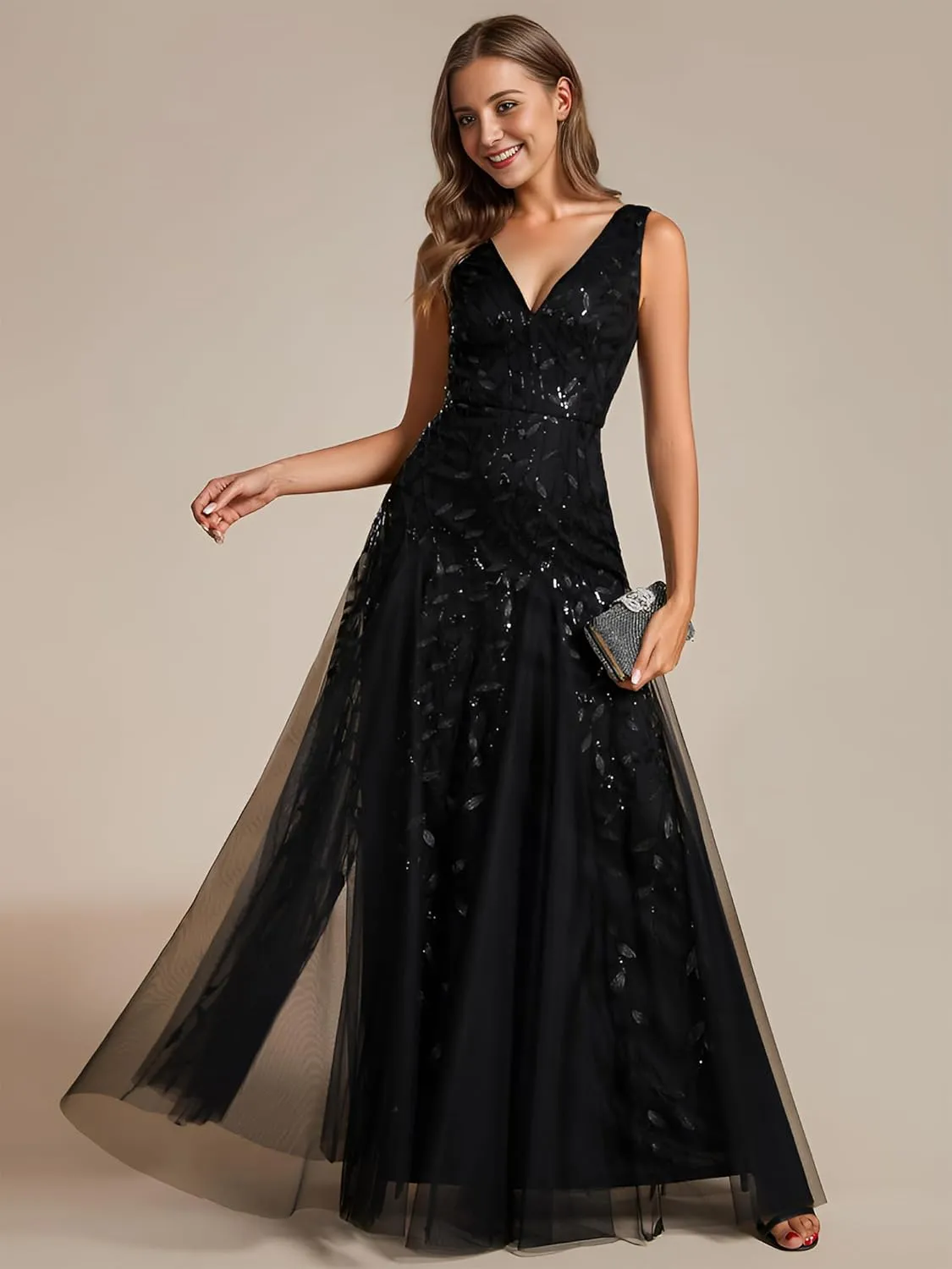 Ever-Pretty Women's Sexy Sleeveless V-Neck Evening Gowns Empire Waist Sequin Embroidery Formal Dress