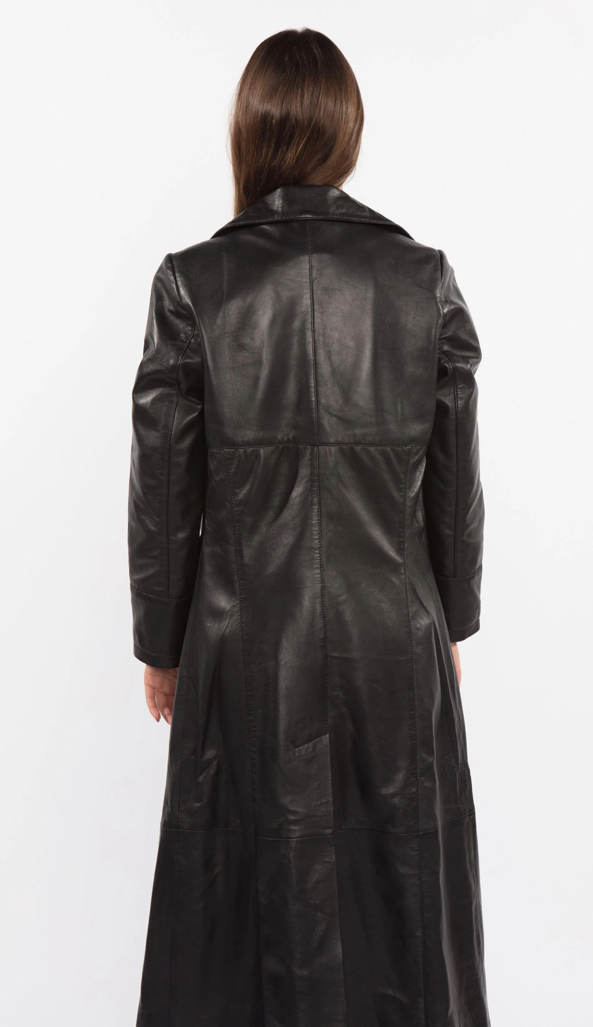 Fadcloset Ladies 3 Button Matrix Black Full Length Leather Coat