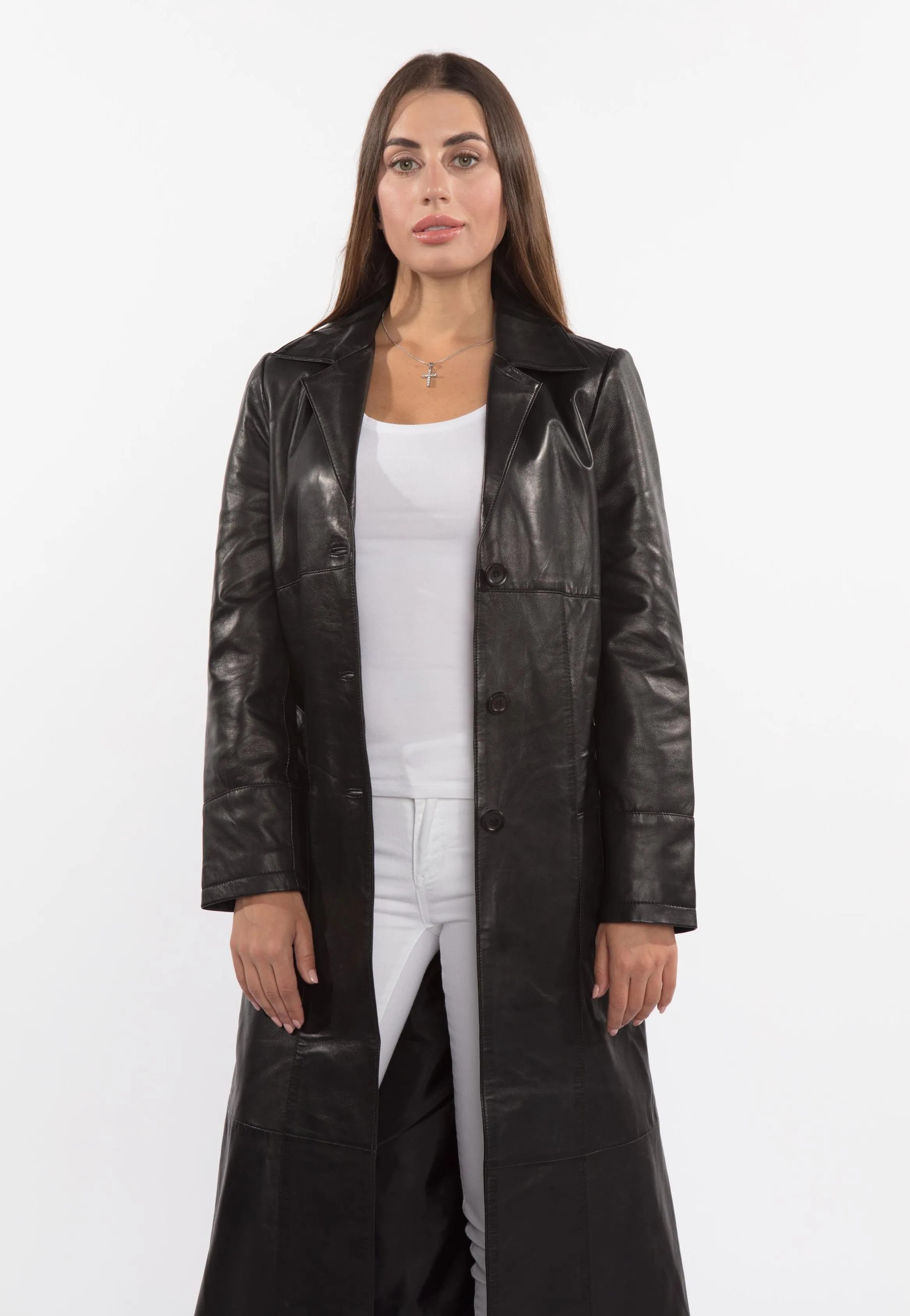 Fadcloset Ladies 3 Button Matrix Black Full Length Leather Coat