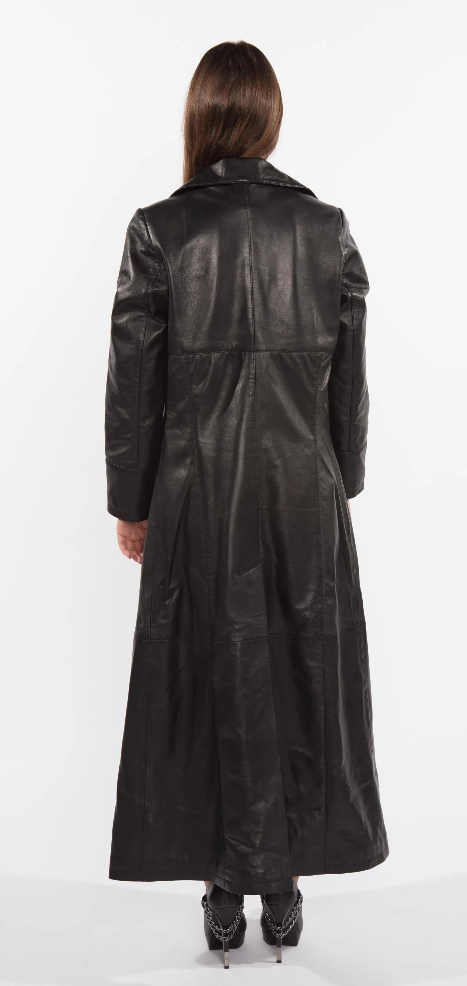 Fadcloset Ladies 3 Button Matrix Black Full Length Leather Coat