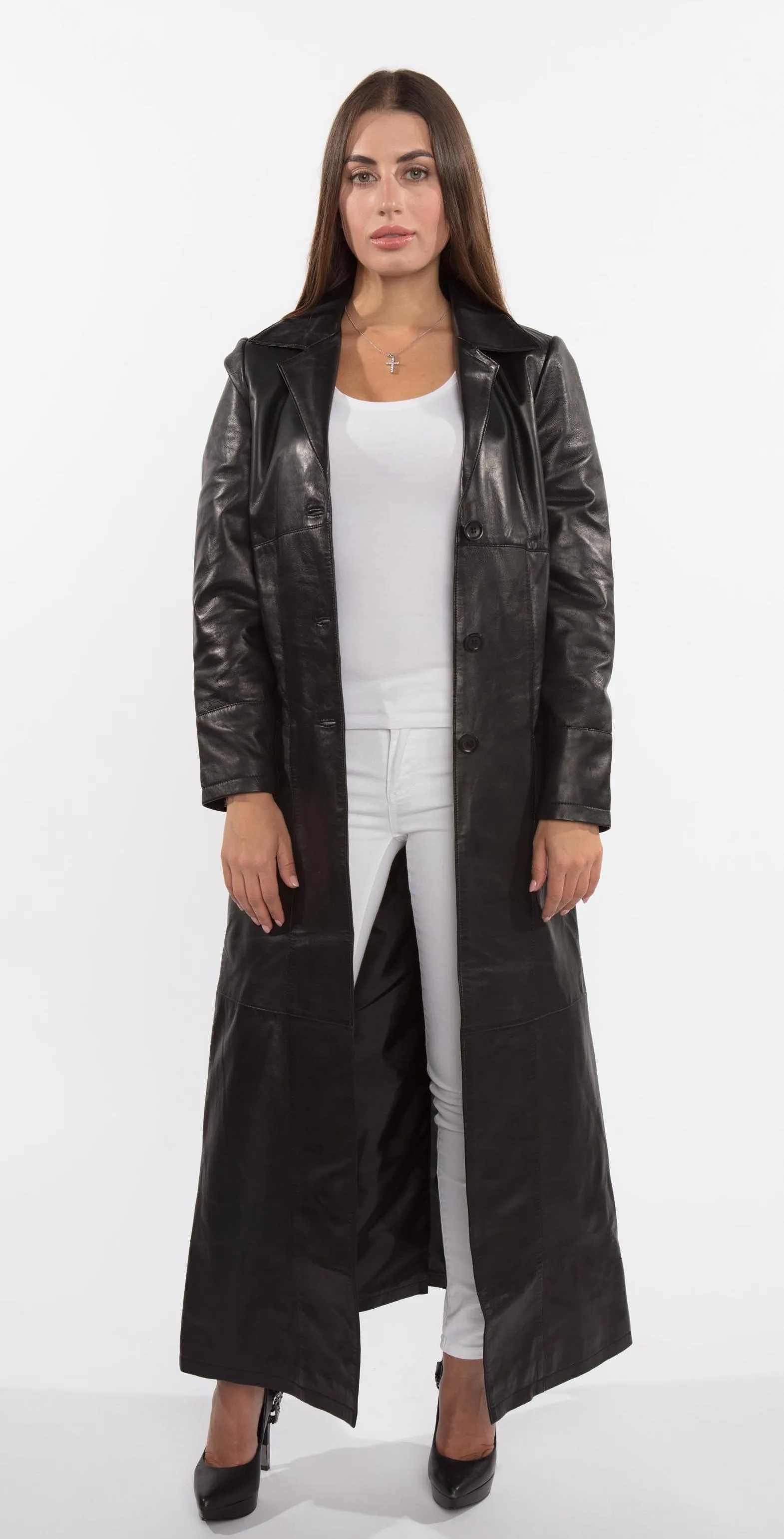 Fadcloset Ladies 3 Button Matrix Black Full Length Leather Coat