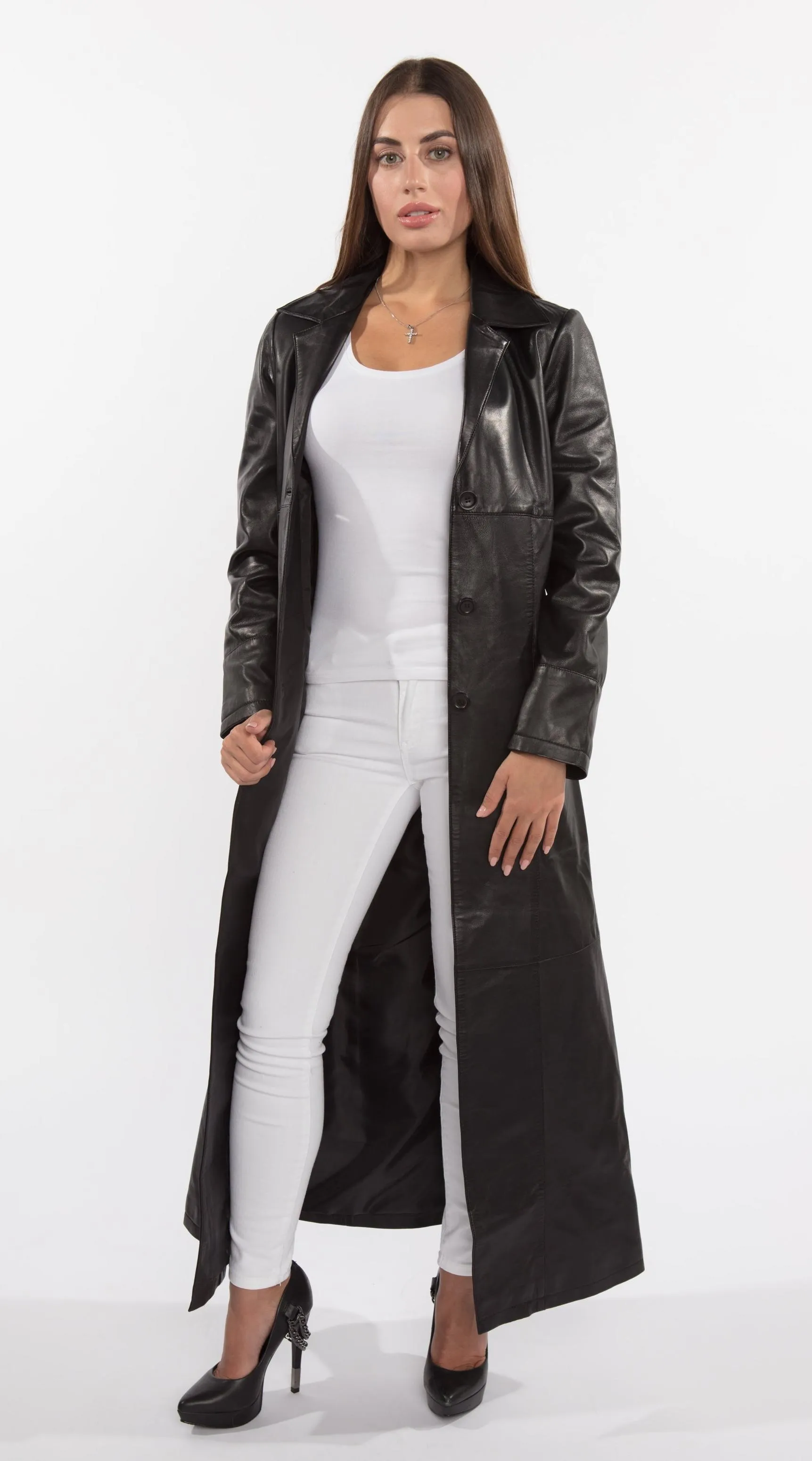 Fadcloset Ladies 3 Button Matrix Black Full Length Leather Coat