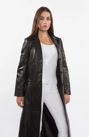 Fadcloset Ladies 3 Button Matrix Black Full Length Leather Coat