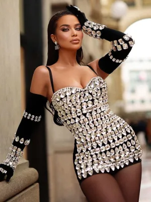 Fashion Stylish Designer Women's Diamonds  Beading Strap Dress
