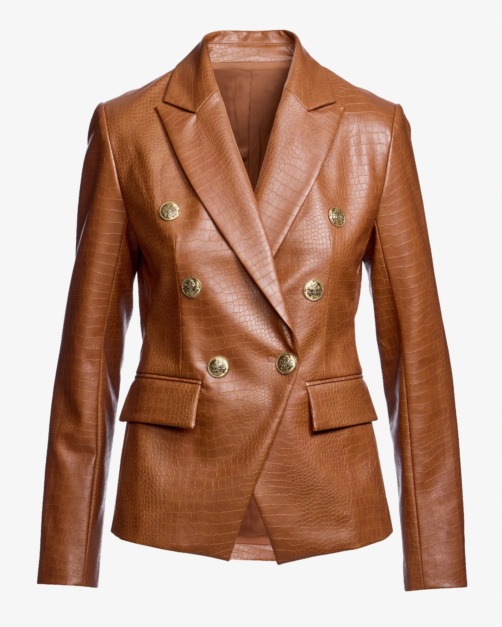 Faux Leather Croc Double Breasted Blazer Cognac