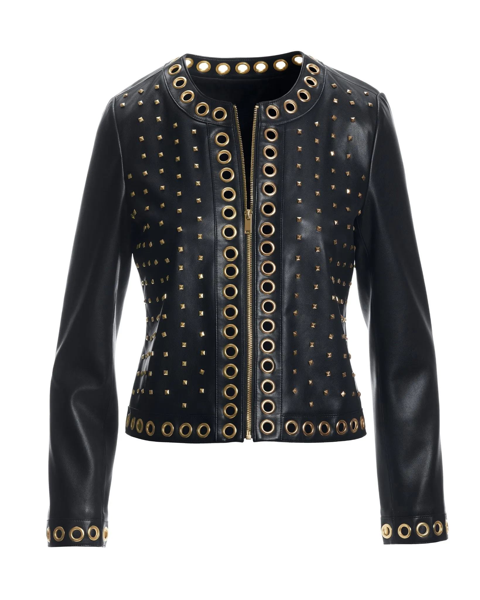 Faux Leather Grommet Collarless Jacket Black