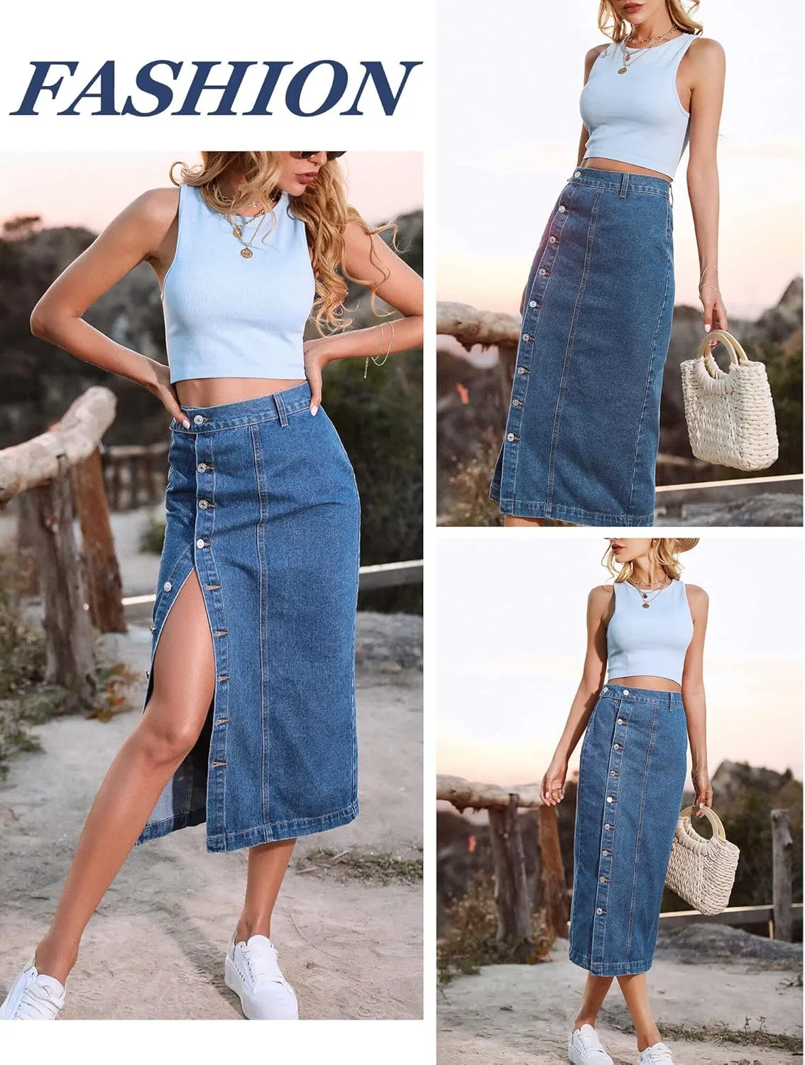 FEOYA Denim Skirt for Women Casual High Waist Midi/Mini Bodycon Skirt with Pockets Frayed Hem A Line Jean Skirts