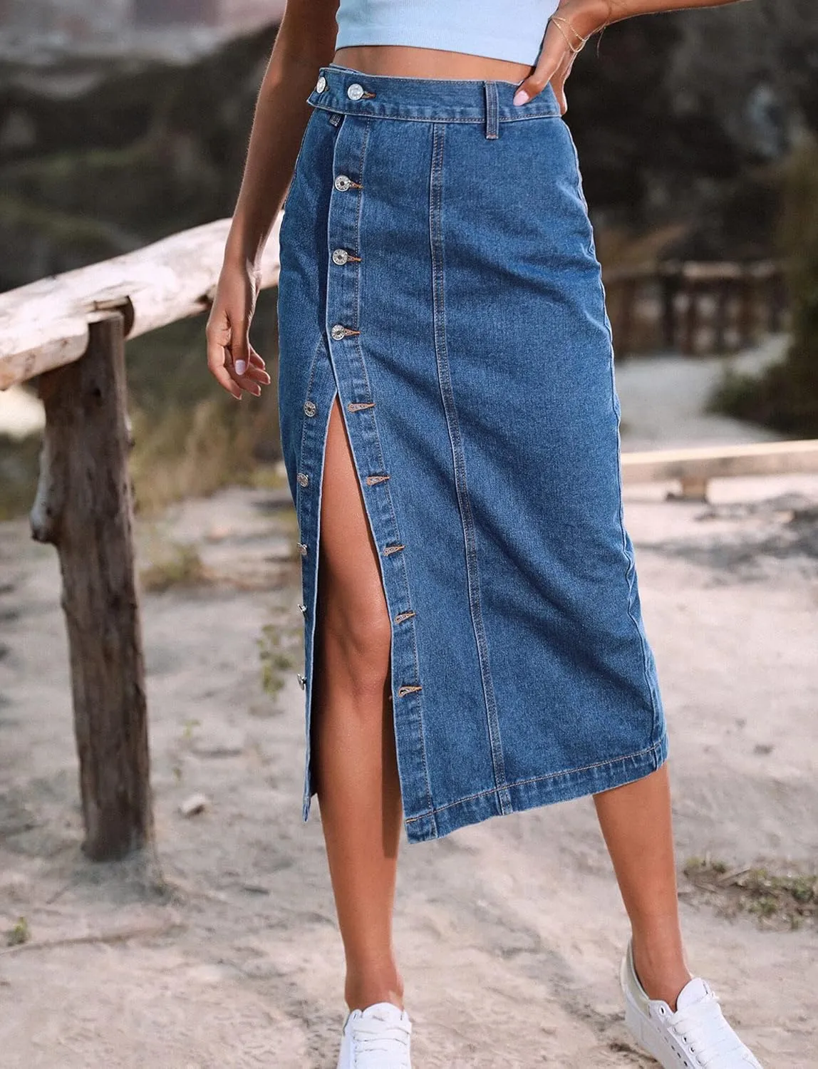 FEOYA Denim Skirt for Women Casual High Waist Midi/Mini Bodycon Skirt with Pockets Frayed Hem A Line Jean Skirts